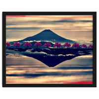 Reflection on Mount Fuji with cherry trees.