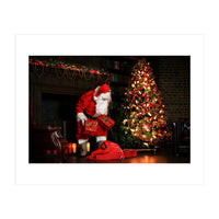 Santa Claus put his Christmas gift under the Xmas tree at midnight (Print Only)