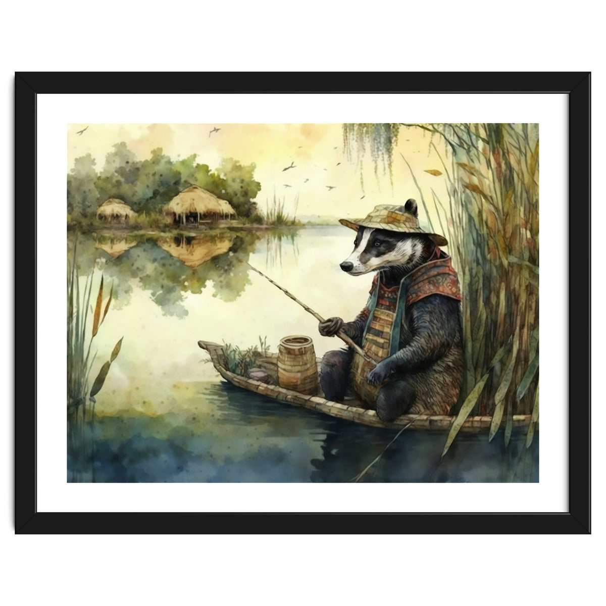 Badger Fishing Watercolor Painting
