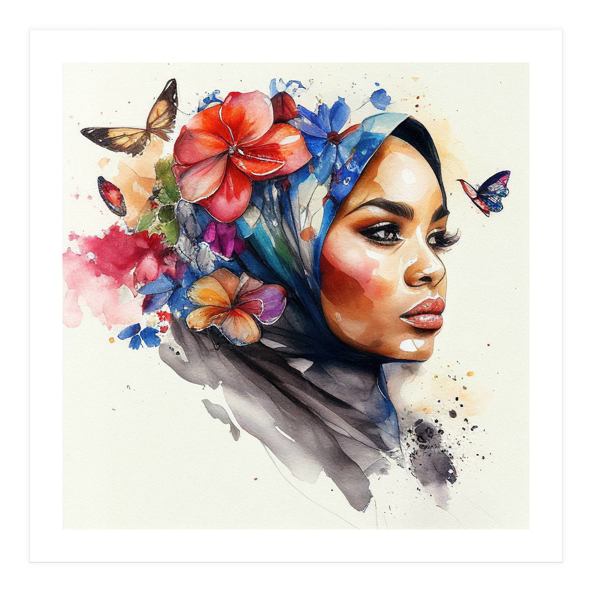 Watercolor Floral Muslim Arabian Woman #2 (Print Only)