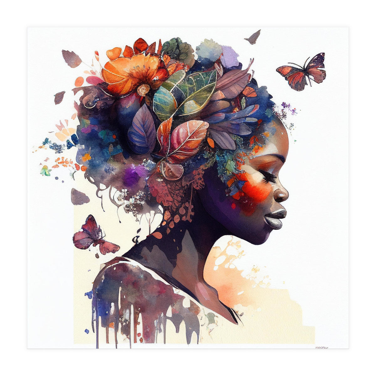 Watercolor Butterfly African Woman #9 (Print Only)