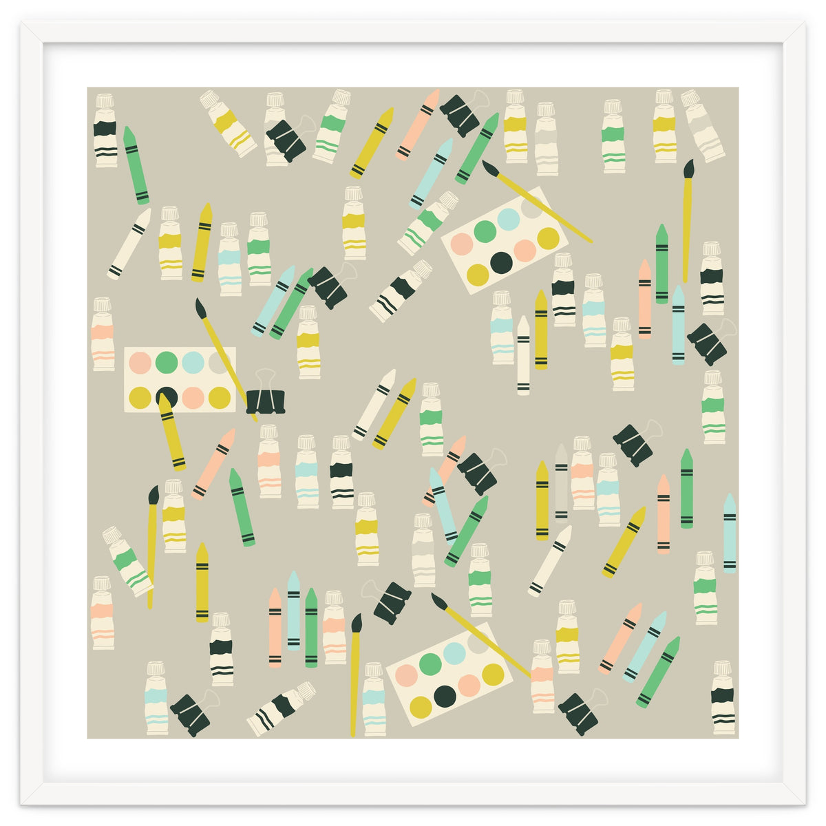 Artist pattern with crayons, watercolors and acrylic paint