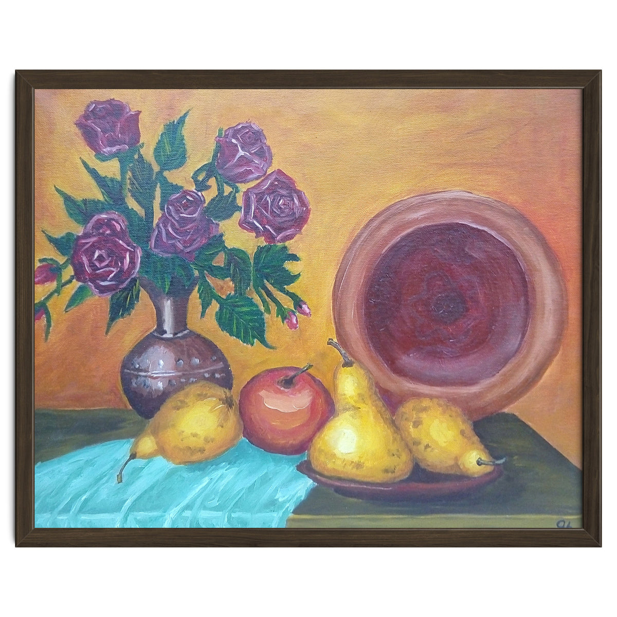 Still life with pears, roses and a dish.