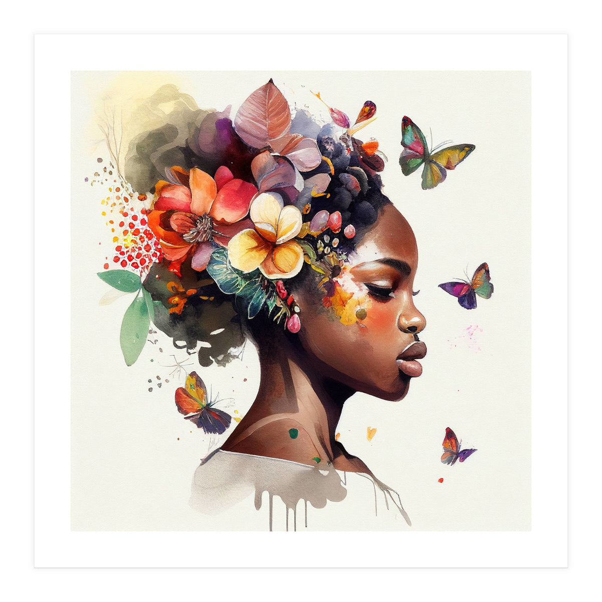 Watercolor Butterfly African Woman #6 (Print Only)
