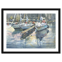 Yachts in the port. Watercolor painting