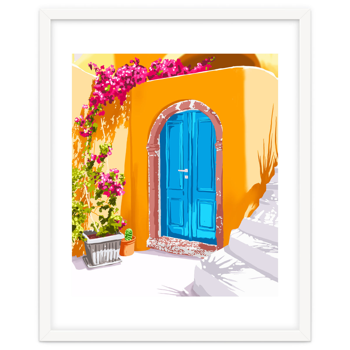 Sunny Morocco, Summer Architecture Greece Travel Painting, Boungainvillea Tropical Floral