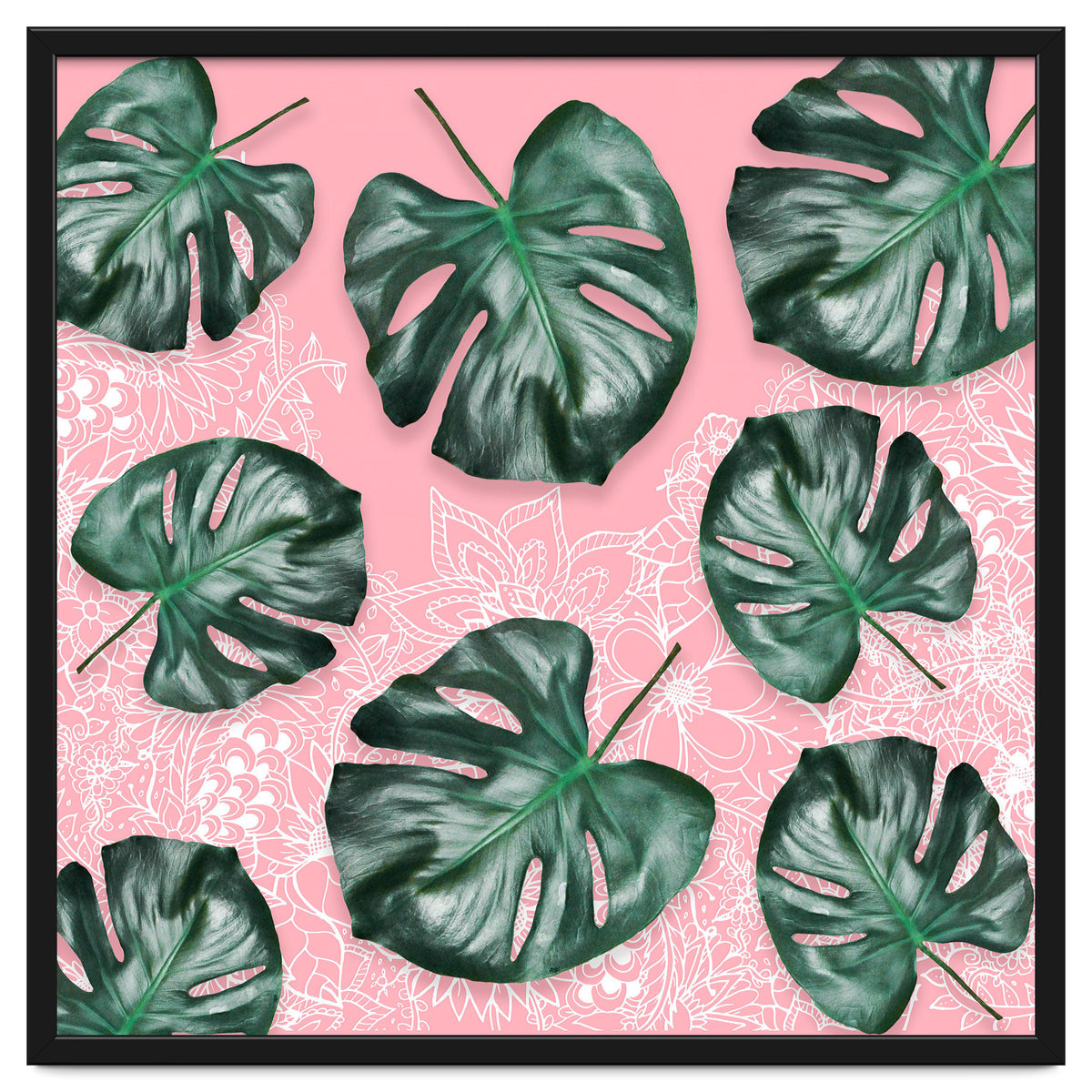 Modern 3d green tropical monstera leaf photo on blush pink white floral illustration