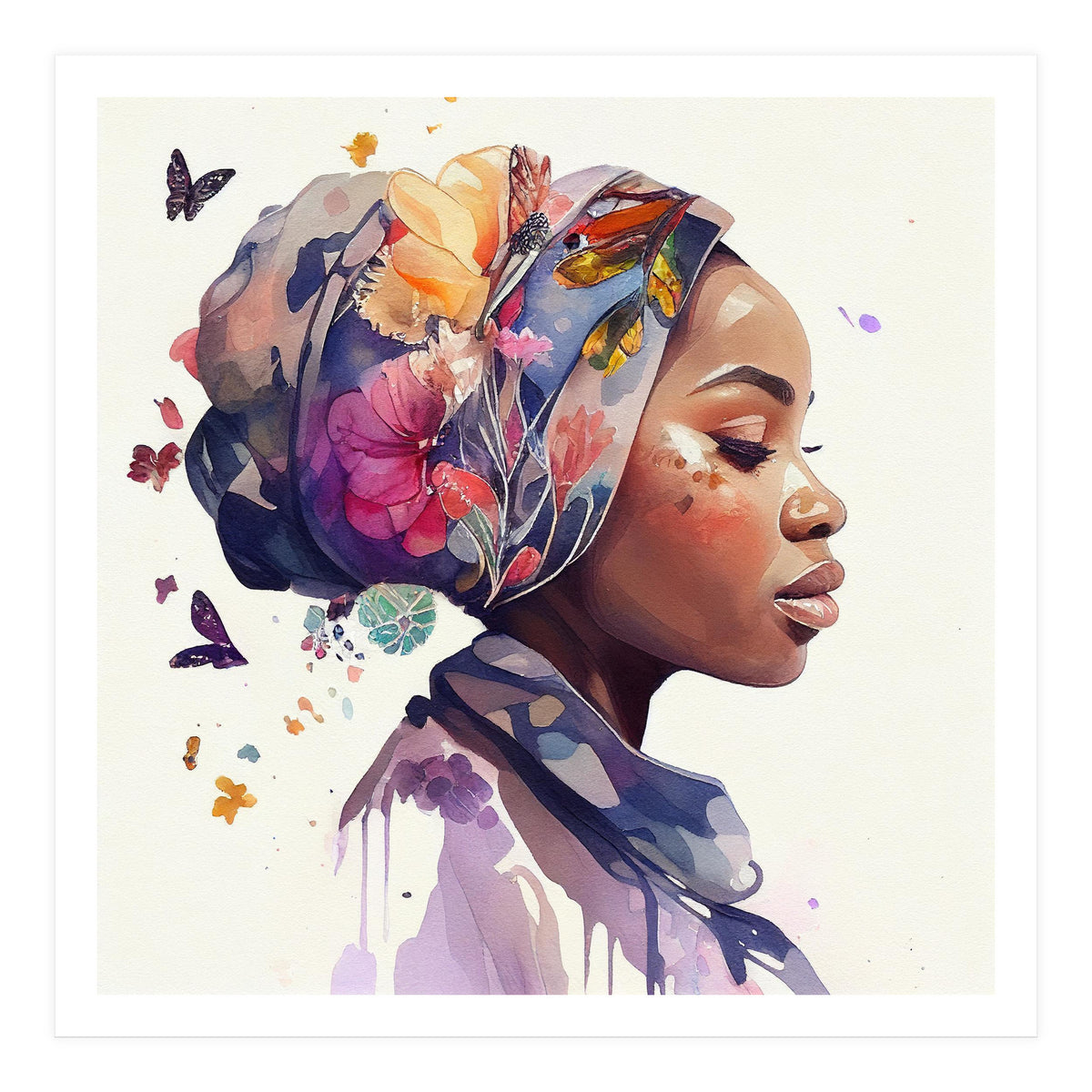 Watercolor Floral Muslim African Woman #1 (Print Only)