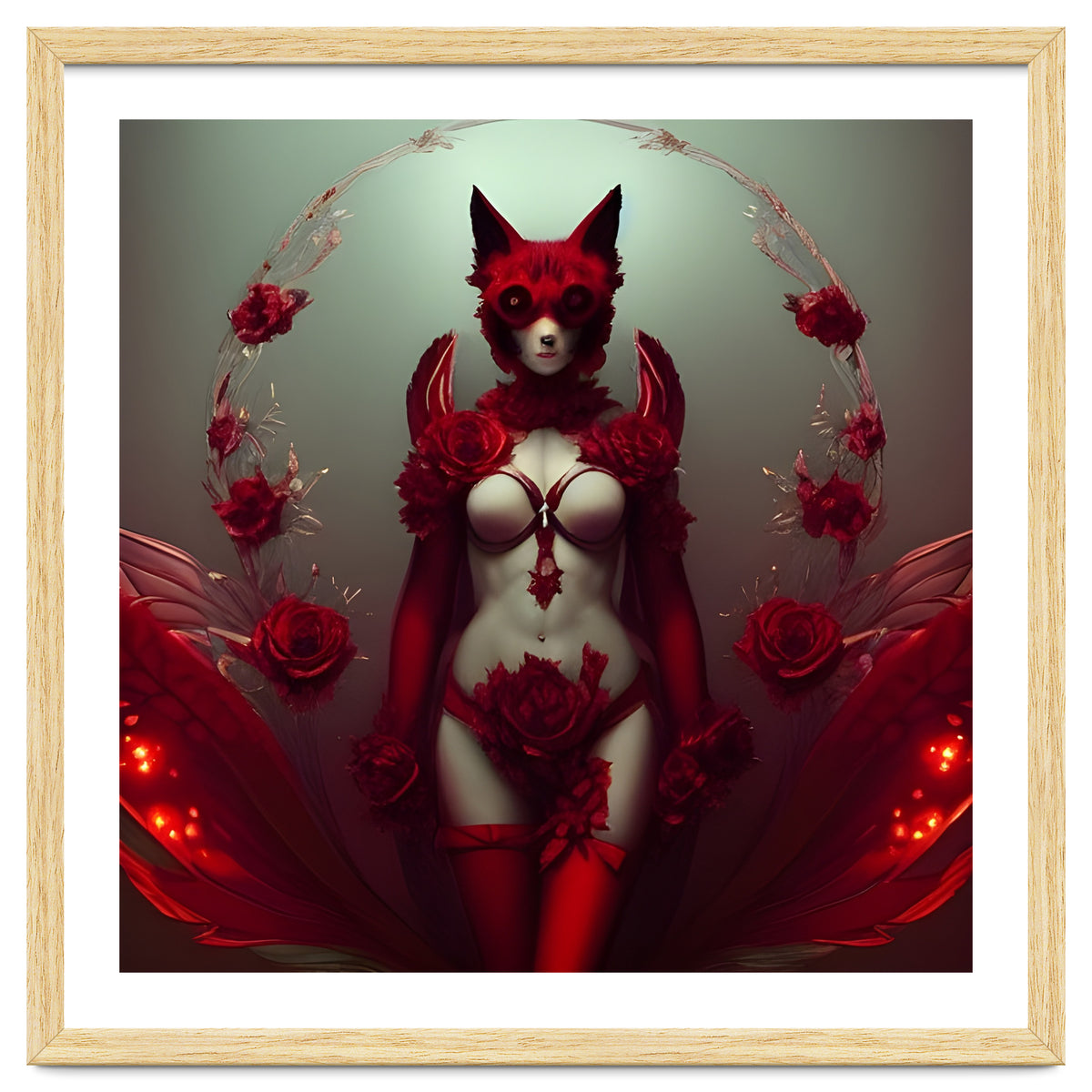 Red Floral Fox Vixen in Lingerie with Roses