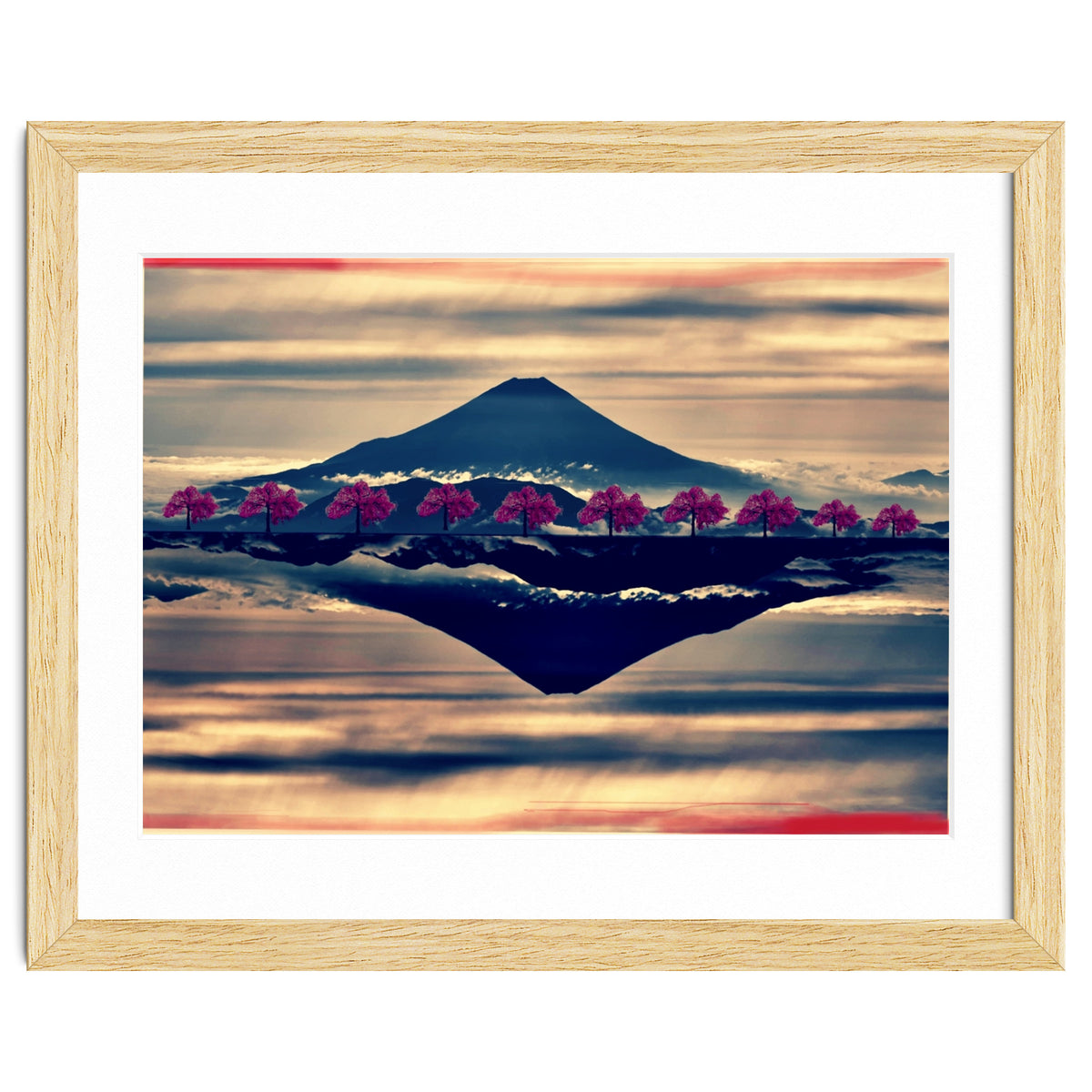 Reflection on Mount Fuji with cherry trees.