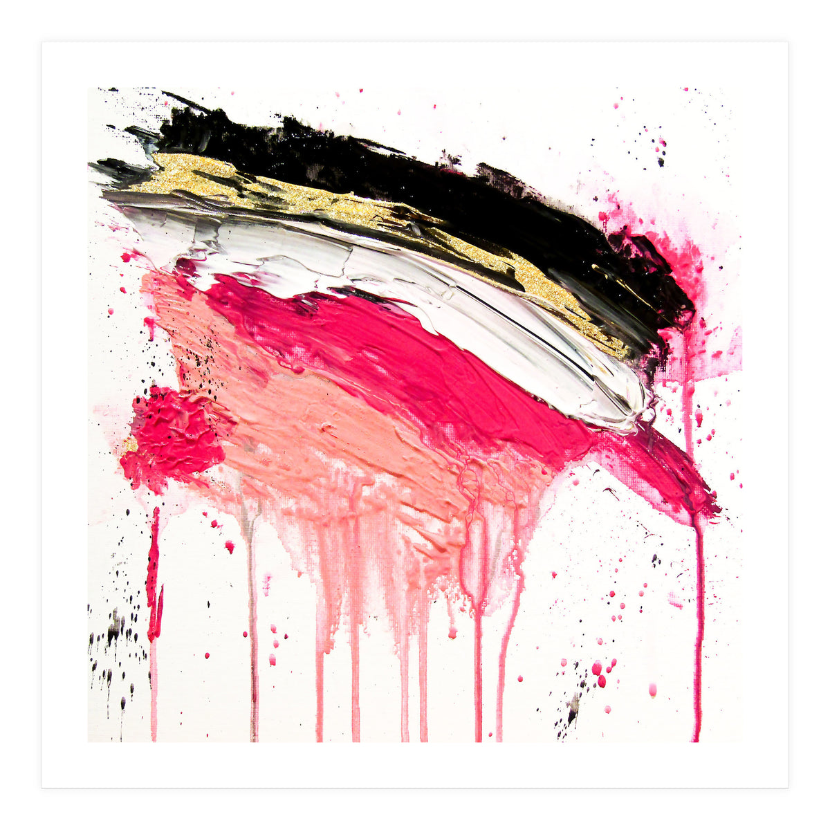 Modern Abstract Pink Black Gold Brushstrokes Splatters Acrylic (Print Only)