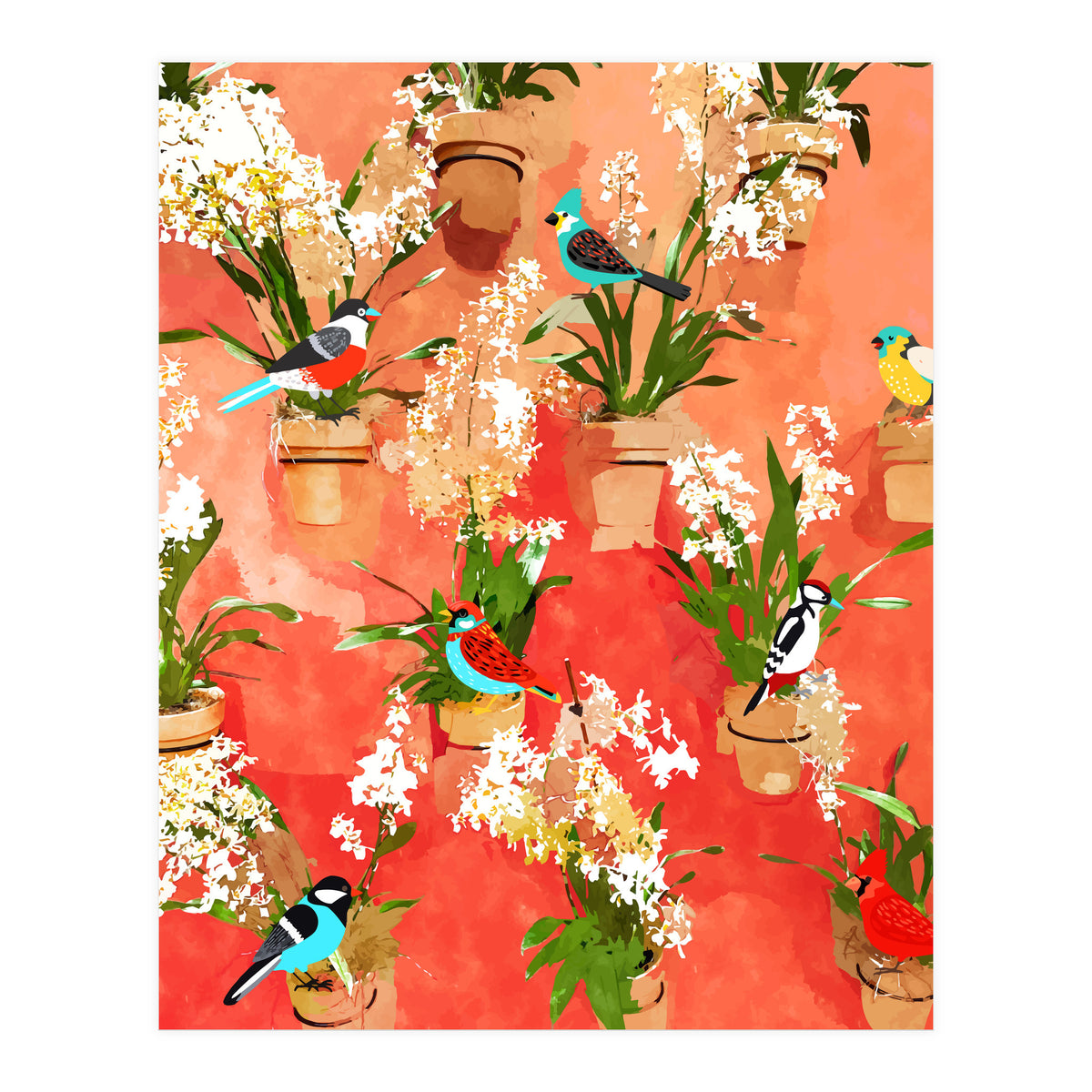 Birds of different feathers flock together | Biodiversity Wildlife Animals Red Watercolor Painting (Print Only)