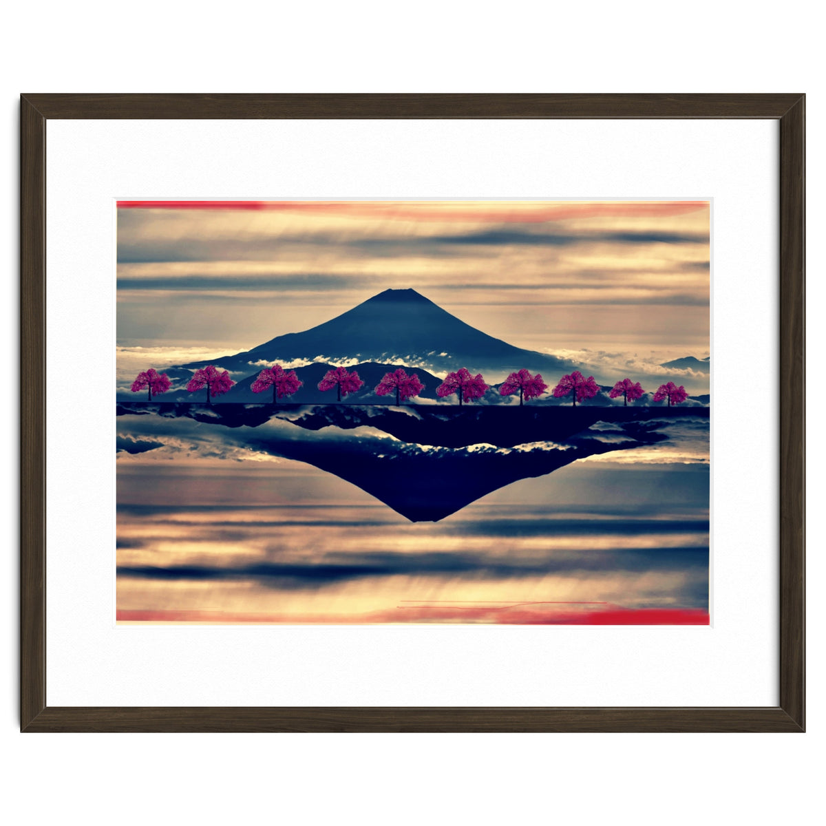 Reflection on Mount Fuji with cherry trees.