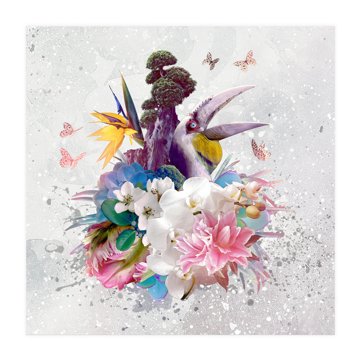 Floral Hornbill Grey  (Print Only)