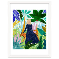 African Safari, Colorful Tropical Jungle Travel, Botanical Watercolor, Blonde Woman with a Leopard