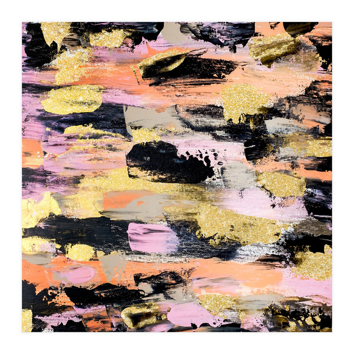 Modern Abstract Black Pink Salmon Gold Acrylic Brushstrokes Paint (Print Only)