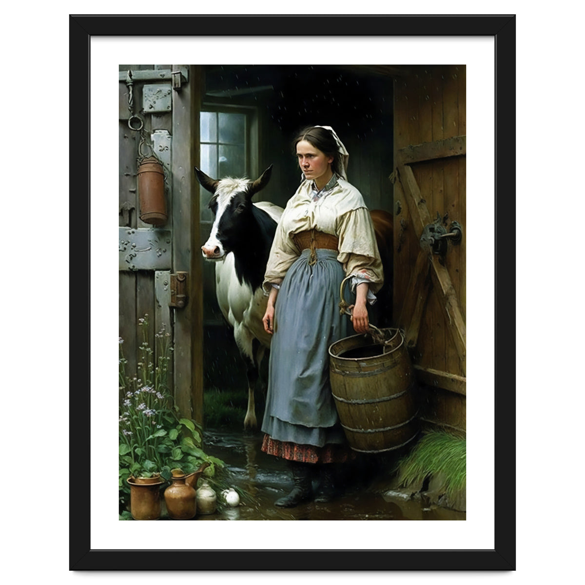 Farm Girl and Cow in Barn Oil Painting