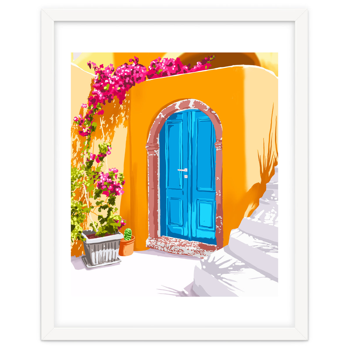 Sunny Morocco, Summer Architecture Greece Travel Painting, Boungainvillea Tropical Floral