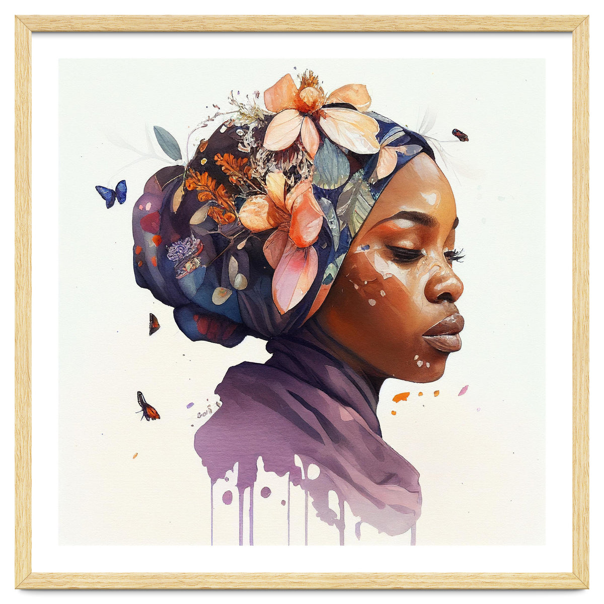 Watercolor Floral Muslim African Woman #4