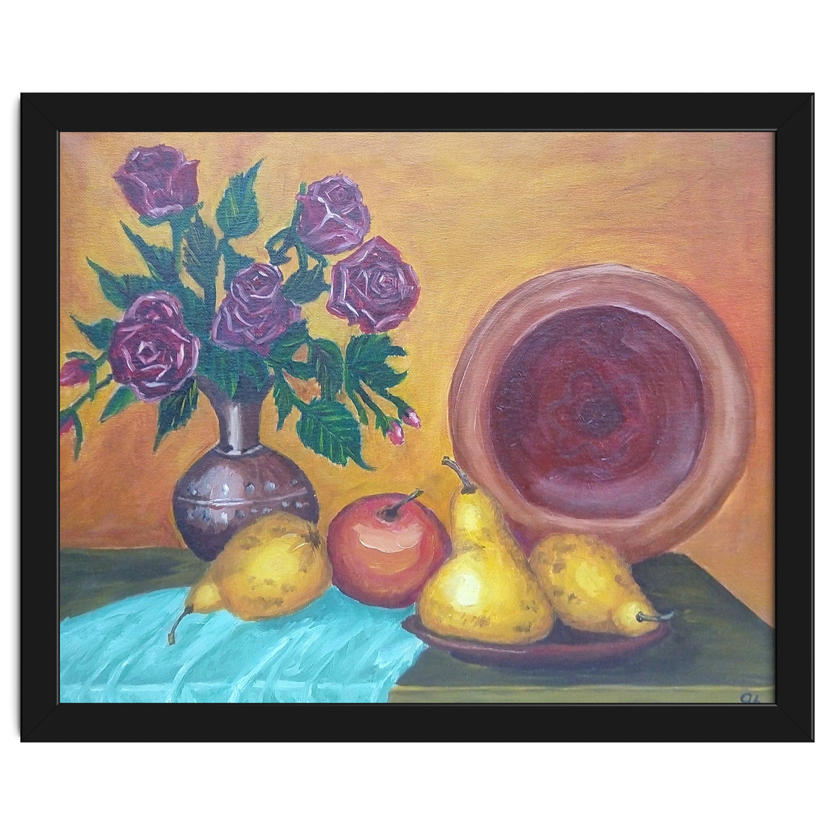 Still life with pears, roses and a dish.