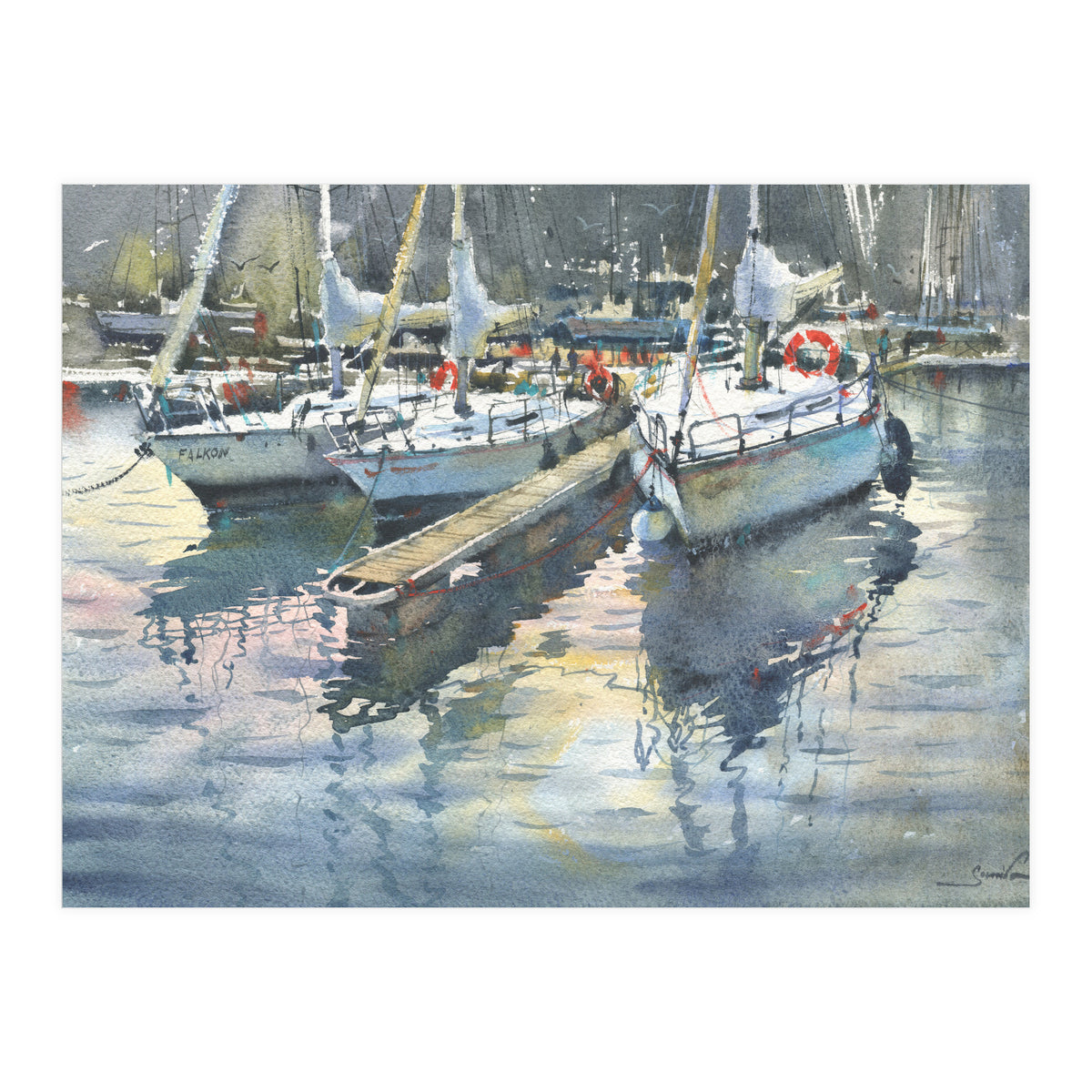Yachts in the port. Watercolor painting (Print Only)