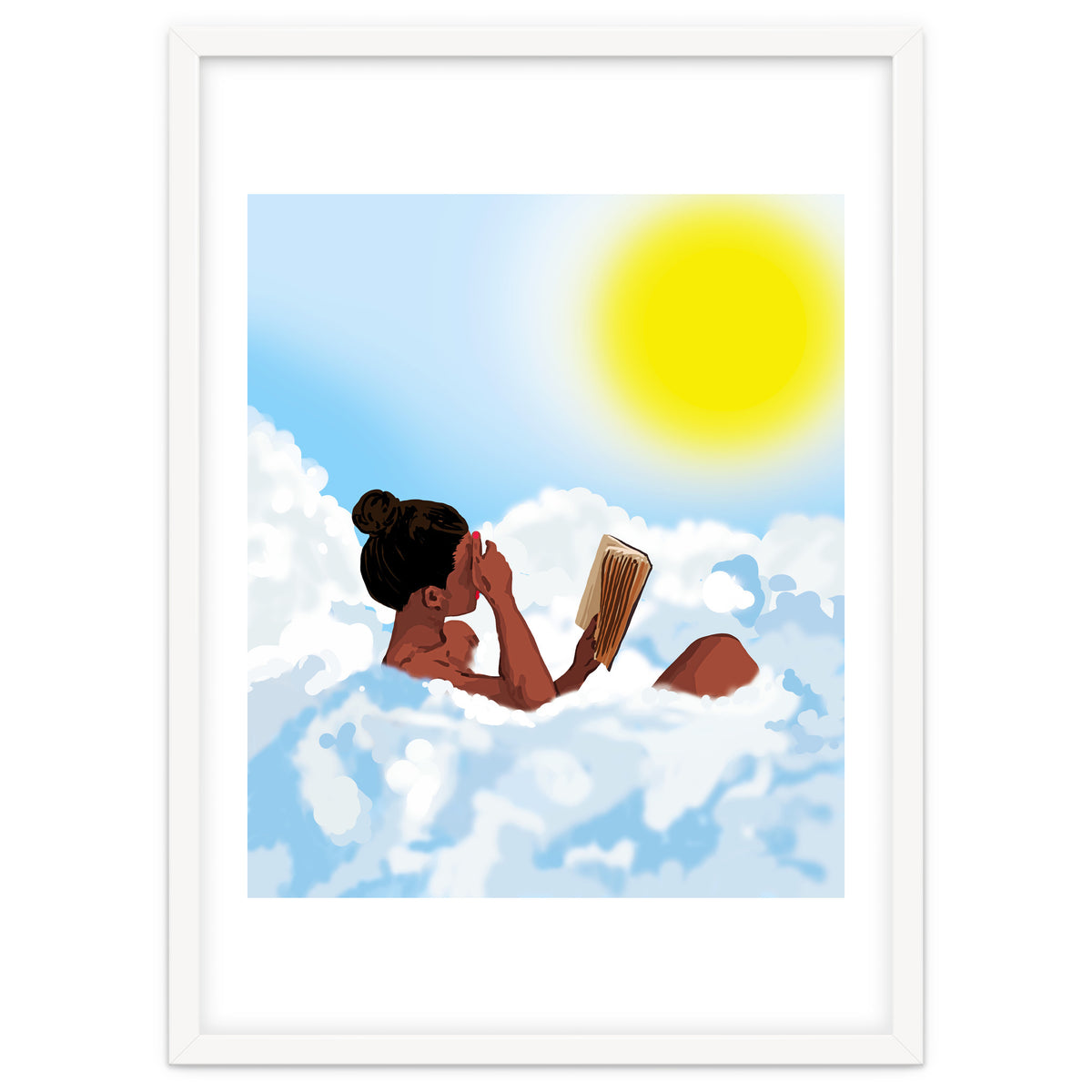 Reading on Clouds, Black Woman Summer Sunny Day Book Painting, Bohemian Nude