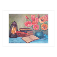 Still life with tulips, books and an old lamp. (Print Only)