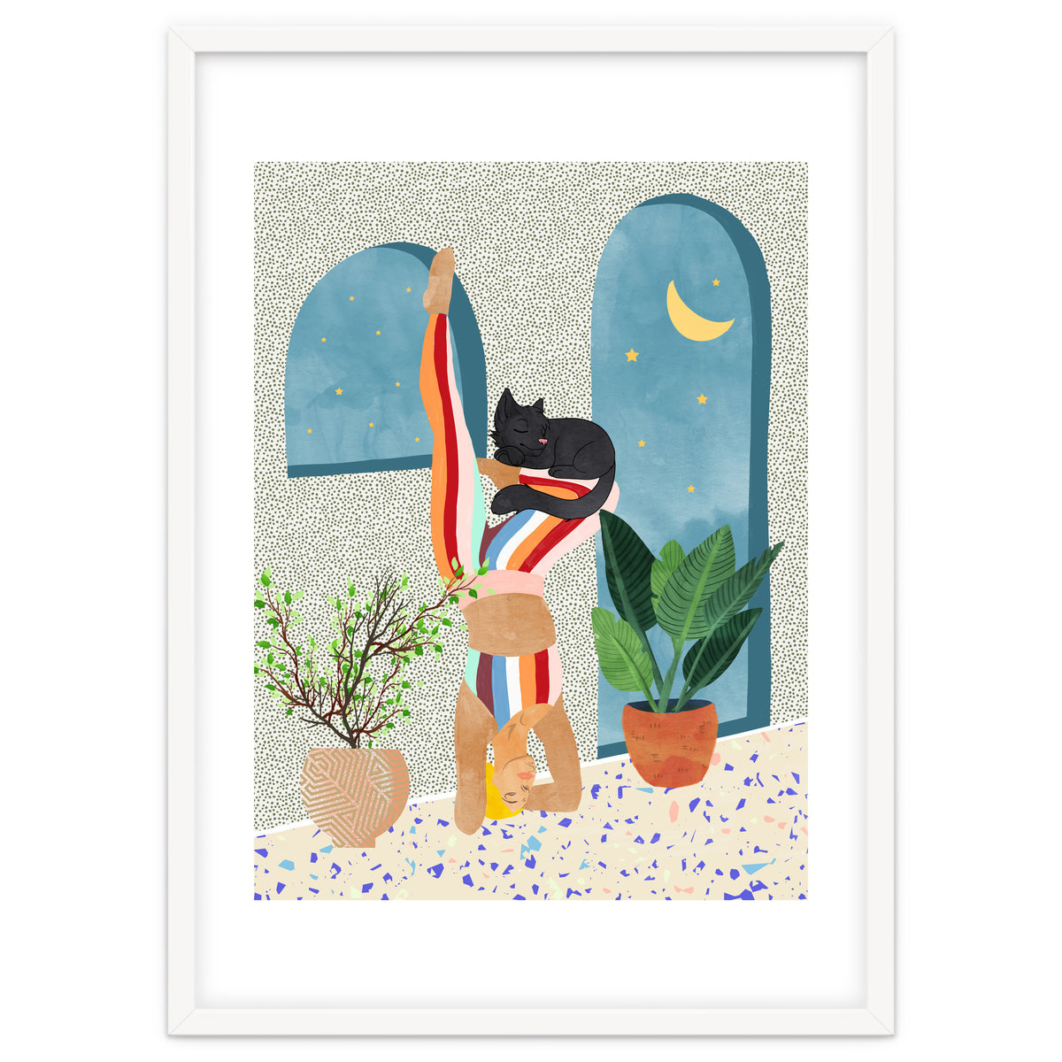 Headstand, Cat Yoga, Active Woman Workout, Eclectic Colorful Pets Terrazzo