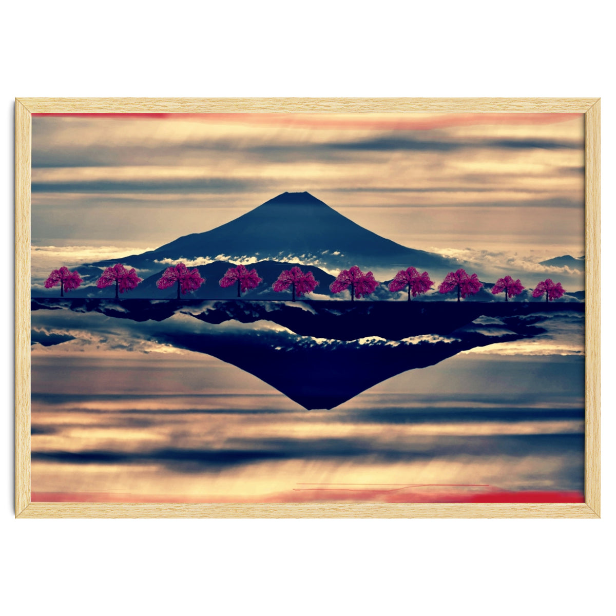 Reflection on Mount Fuji with cherry trees.