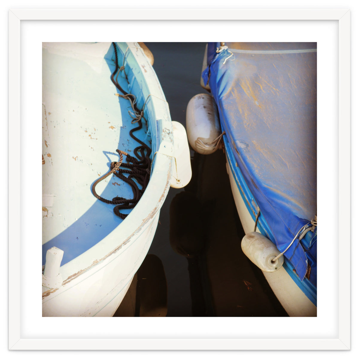 Blue and white wooden fishing boats