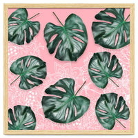Modern 3d green tropical monstera leaf photo on blush pink white floral illustration