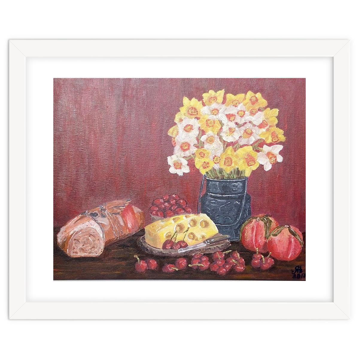 Still life with cheese, daffodils on a red background.