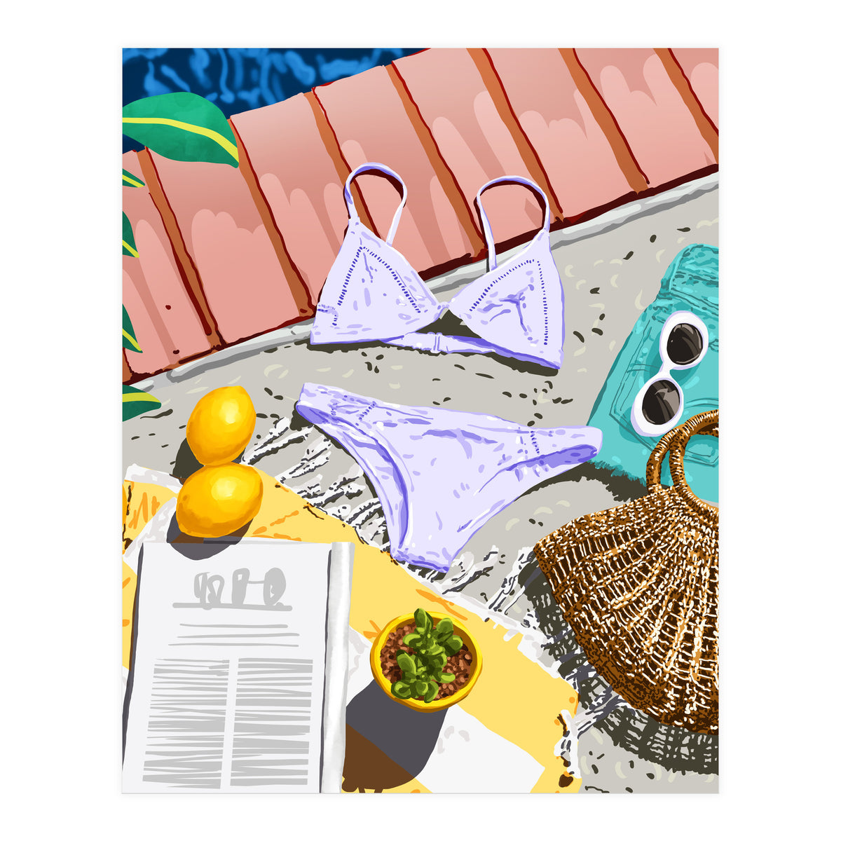 Summer on my mind, Tropical Travel Swimming Pool Fashion Illustration, Eclectic Beachy Summer Bikini (Print Only)