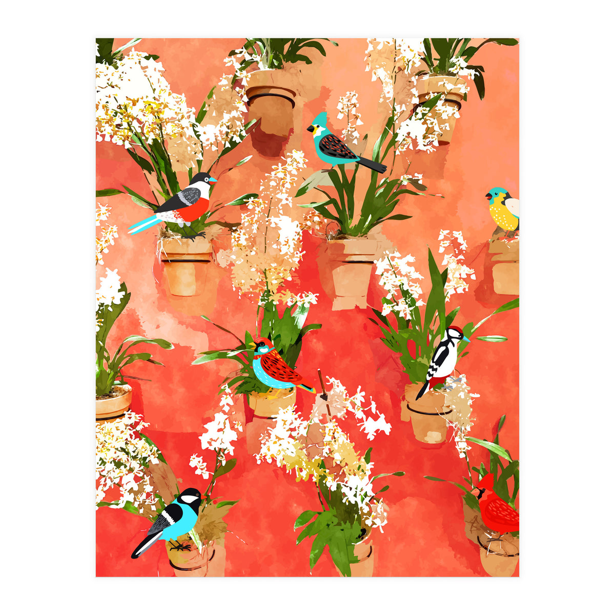 Birds of different feathers flock together | Biodiversity Wildlife Animals Red Watercolor Painting (Print Only)