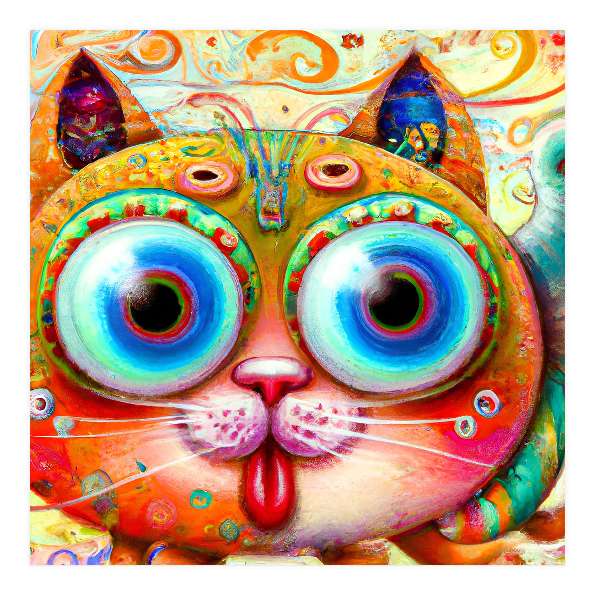 Chaotic and Colorful Fantasy Cat sticking out its Tongue (Print Only)