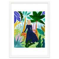 African Safari, Colorful Tropical Jungle Travel, Botanical Watercolor, Blonde Woman with a Leopard