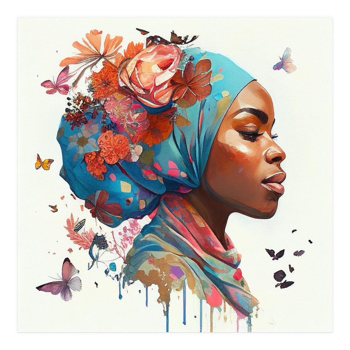 Watercolor Floral Muslim African Woman #2 (Print Only)