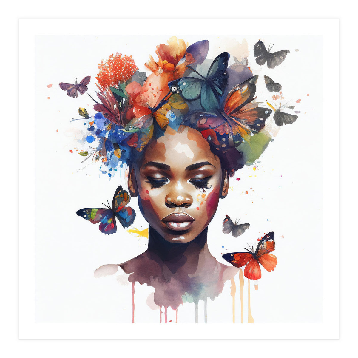 Watercolor Butterfly African Woman #4 (Print Only)