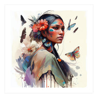 Watercolor Floral Indian Native Woman #3 (Print Only)