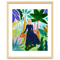 African Safari, Colorful Tropical Jungle Travel, Botanical Watercolor, Blonde Woman with a Leopard