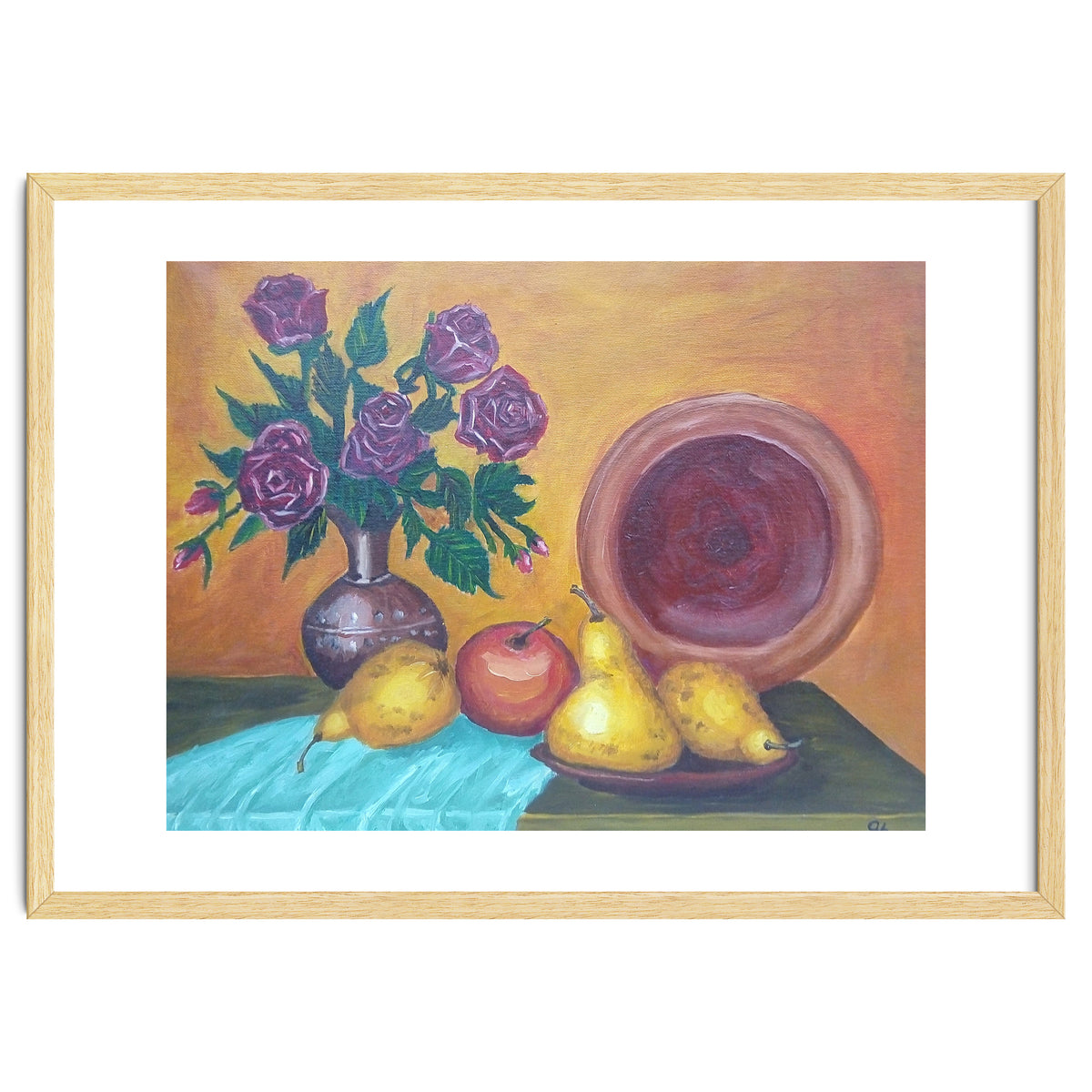 Still life with pears, roses and a dish.