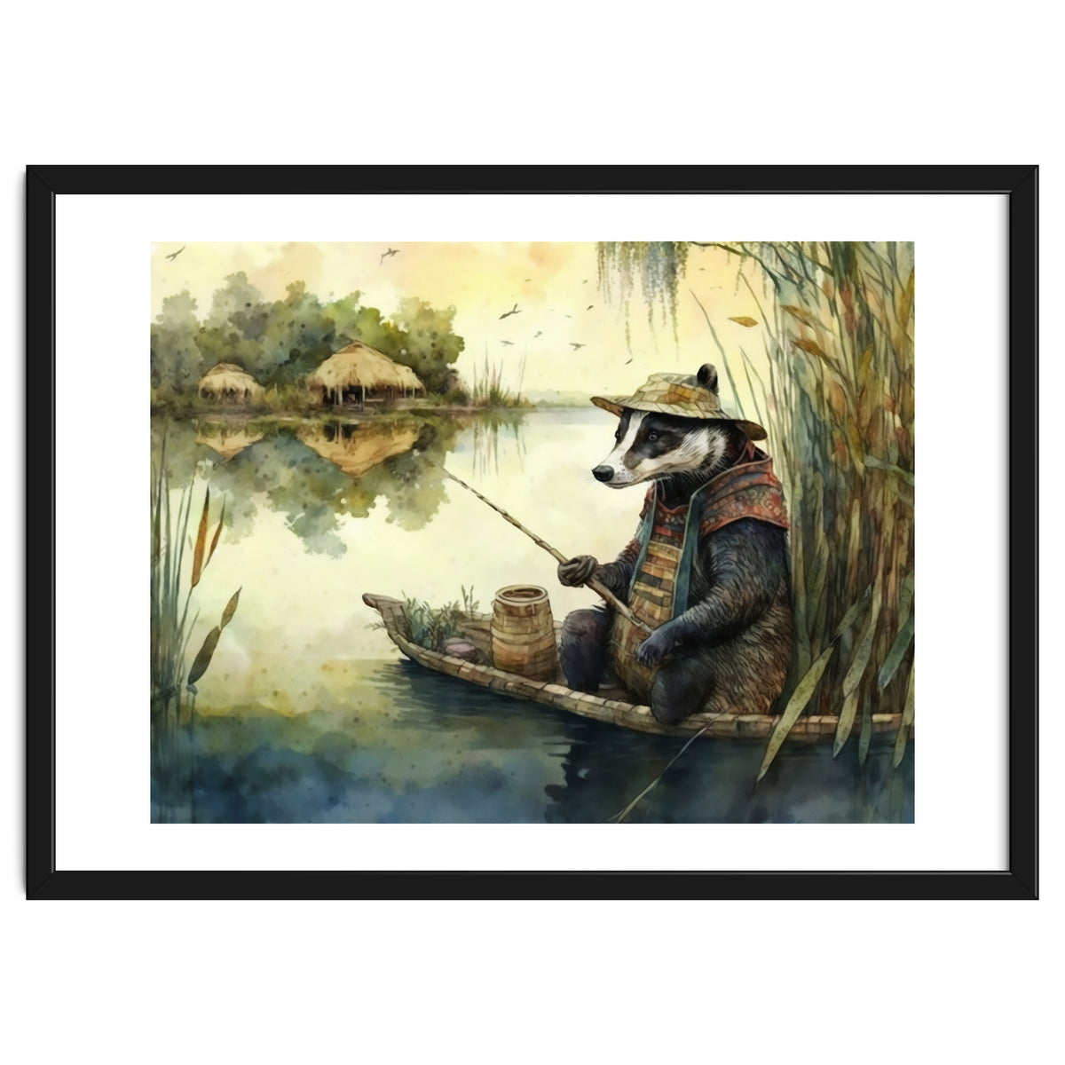 Badger Fishing Watercolor Painting