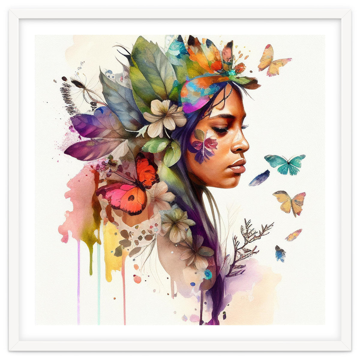 Watercolor Floral Indian Native Woman #10