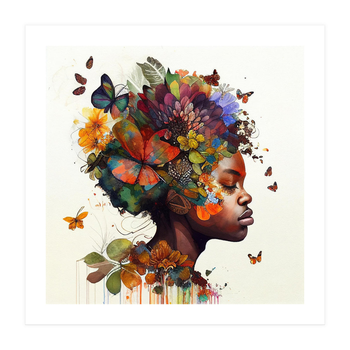 Watercolor Butterfly African Woman #5 (Print Only)