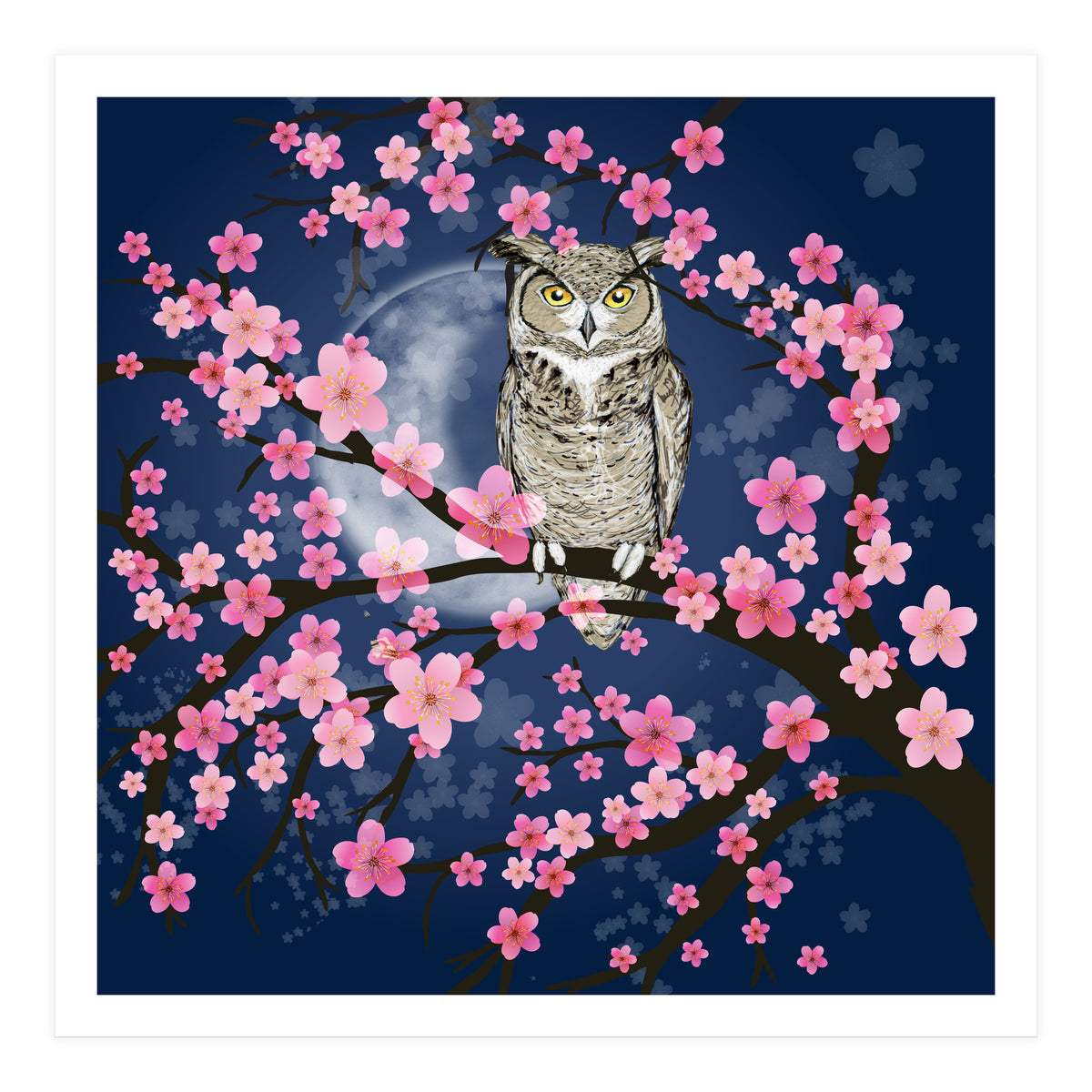Great horned owl in a blossom tree (Print Only)