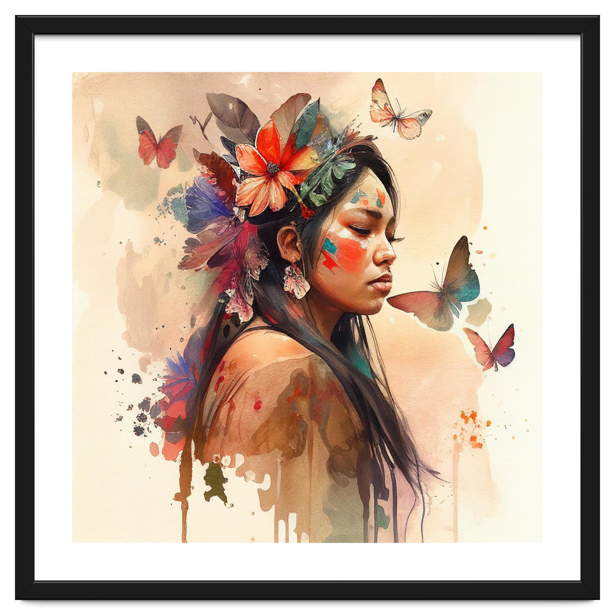 Watercolor Floral Indian Native Woman #8