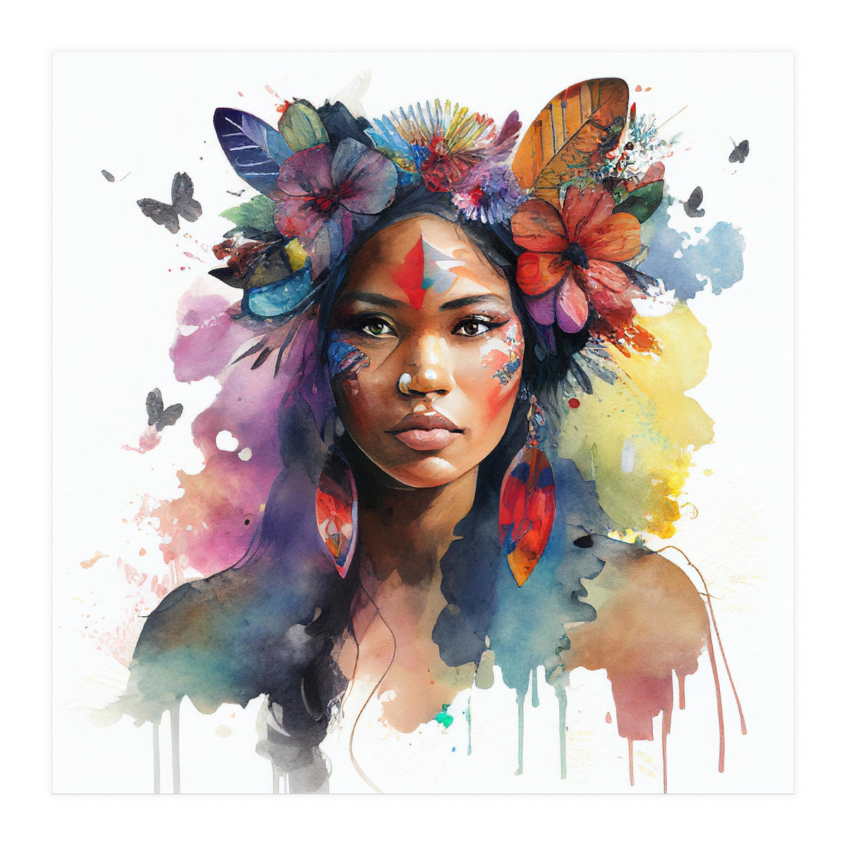 Watercolor Floral Indian Native Woman #1 (Print Only)