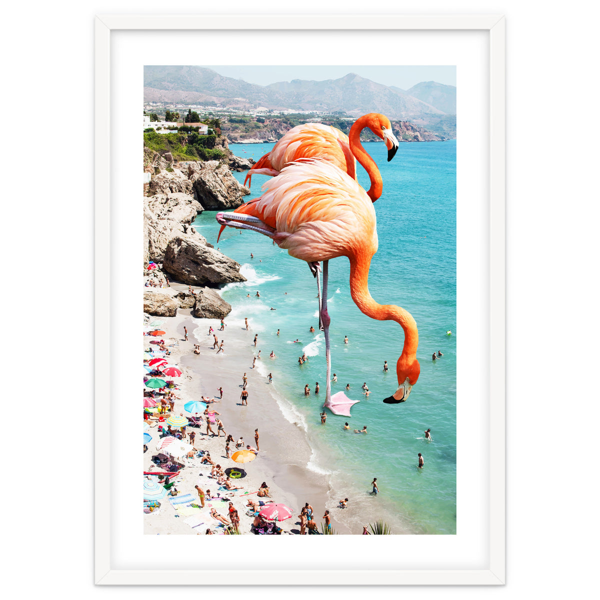 Flamingos on the Beach, Wildlife Surrealism Birds, Nature Flamingo Fantasy Beach Summer Photography