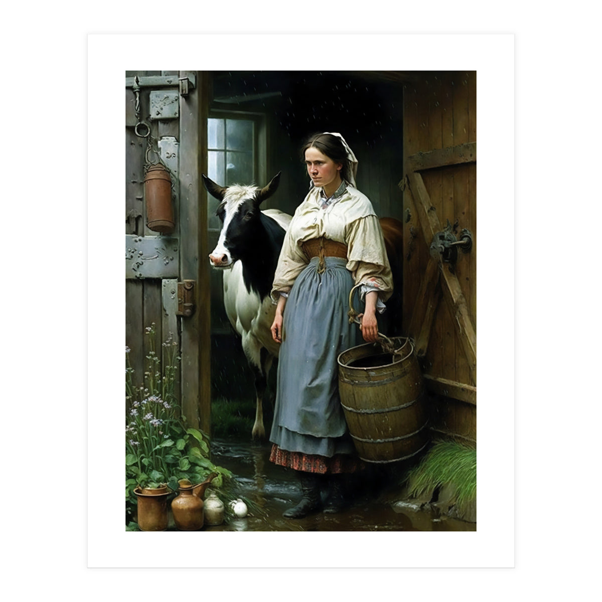 Farm Girl and Cow in Barn Oil Painting (Print Only)