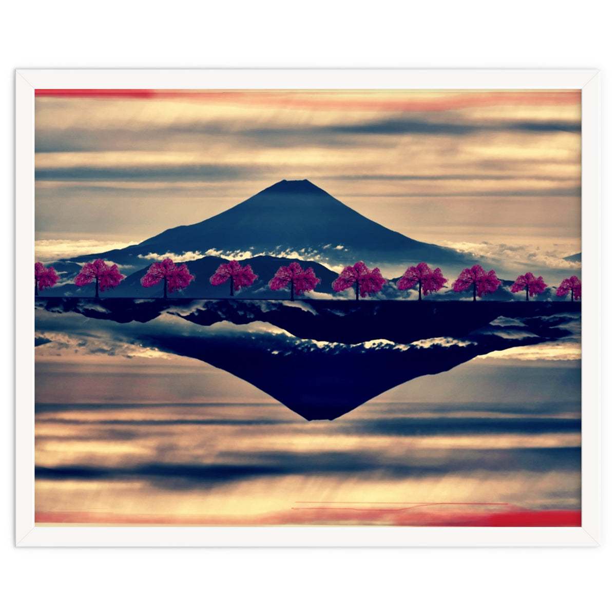 Reflection on Mount Fuji with cherry trees.